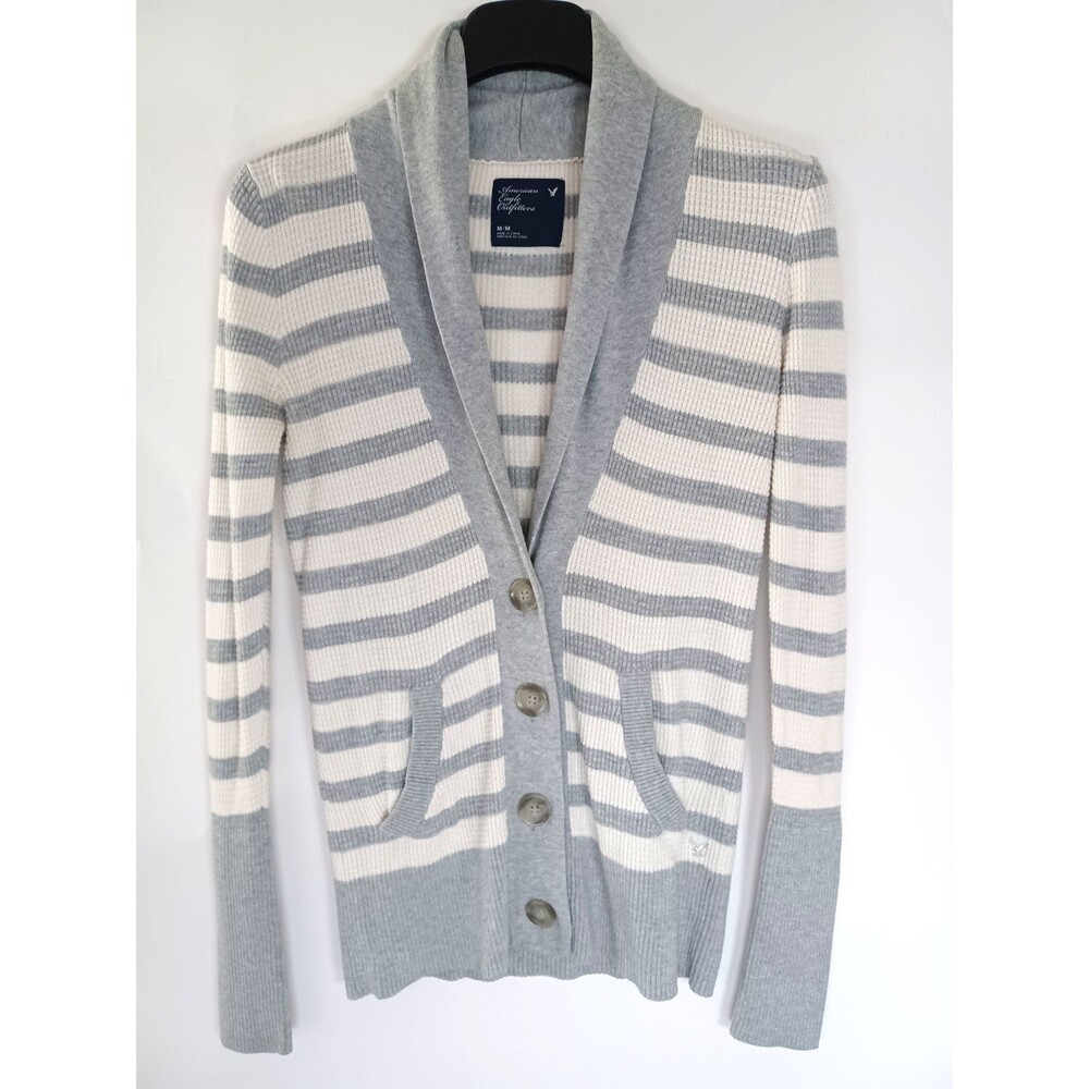 Y2K American Eagle Outfitters Cardigan Womens M Gray Striped‎ Shawl Neck Buttons